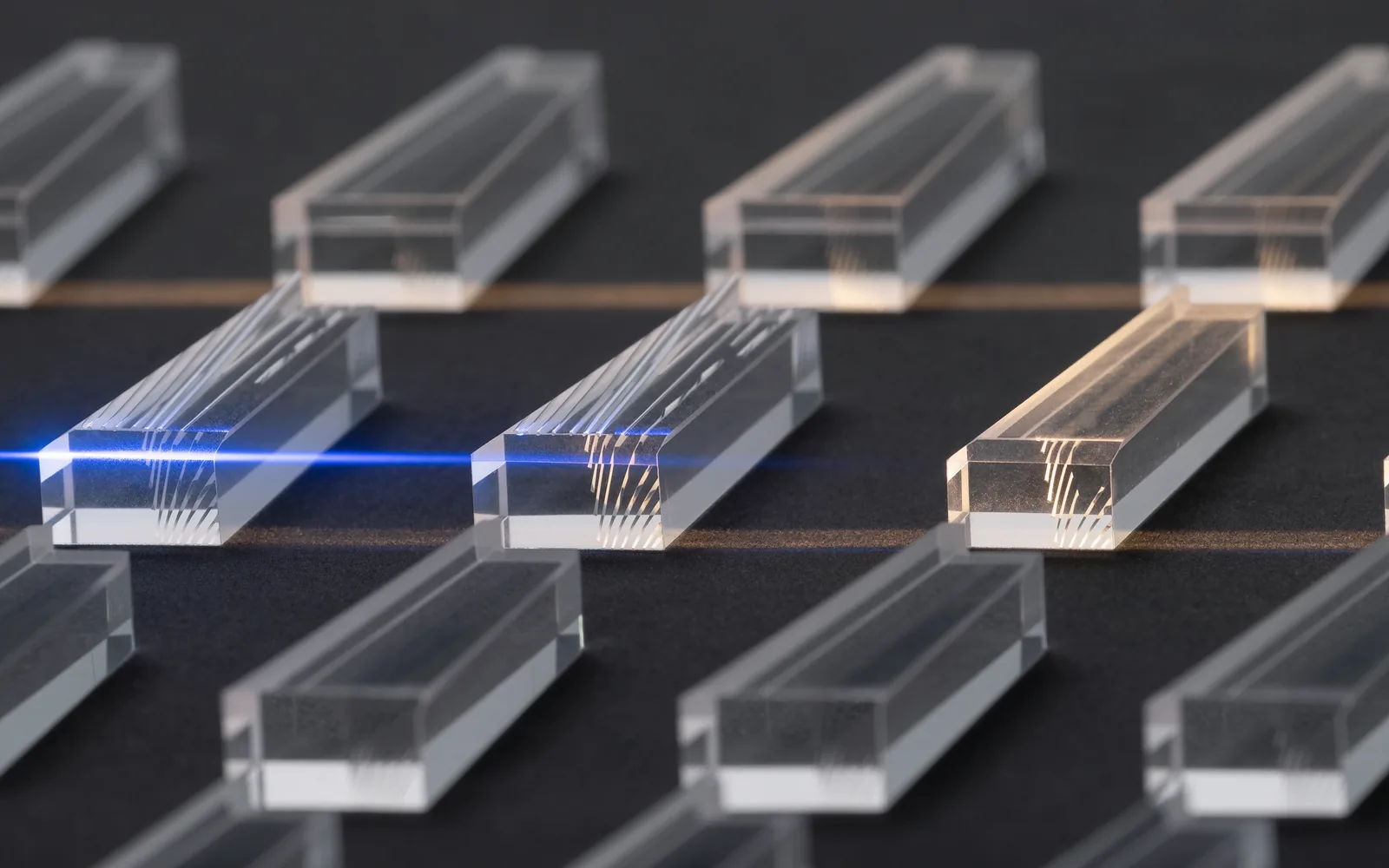 Architectural optical glass refraction study in ultramarine and charcoal ink representing structured intelligence.